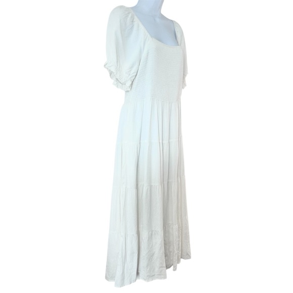 ANRABESS White Tiered Smocked Bodice Peasant Maxi Dress Size L Puff Sleeve Boho - Picture 3 of 14